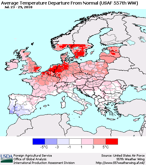 Europe Average Temperature Departure from Normal (USAF 557th WW) Thematic Map For 7/23/2018 - 7/29/2018