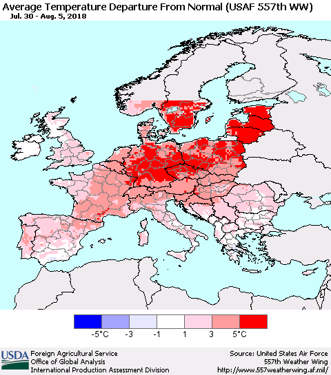 Europe Average Temperature Departure from Normal (USAF 557th WW) Thematic Map For 7/30/2018 - 8/5/2018