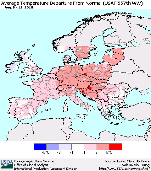 Europe Average Temperature Departure from Normal (USAF 557th WW) Thematic Map For 8/6/2018 - 8/12/2018