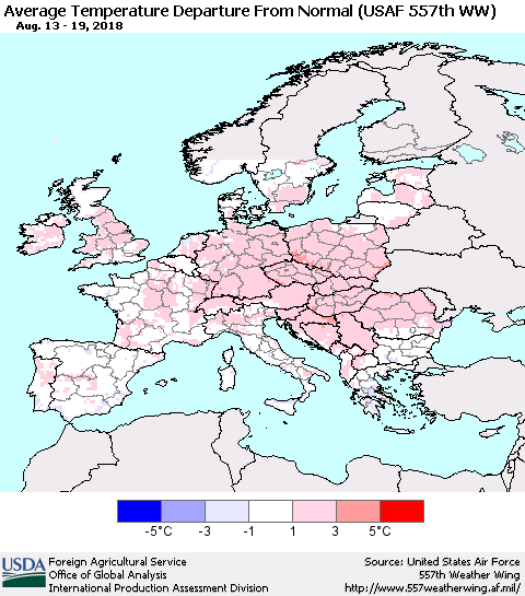 Europe Average Temperature Departure from Normal (USAF 557th WW) Thematic Map For 8/13/2018 - 8/19/2018