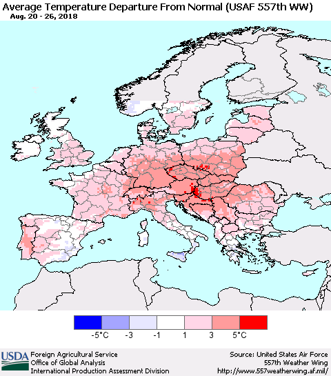 Europe Average Temperature Departure from Normal (USAF 557th WW) Thematic Map For 8/20/2018 - 8/26/2018