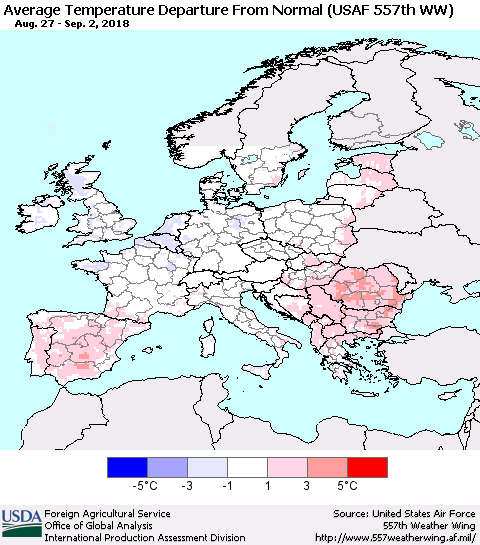 Europe Average Temperature Departure from Normal (USAF 557th WW) Thematic Map For 8/27/2018 - 9/2/2018