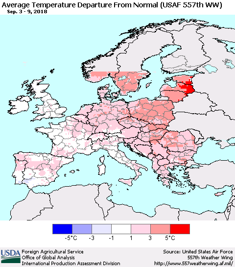 Europe Average Temperature Departure from Normal (USAF 557th WW) Thematic Map For 9/3/2018 - 9/9/2018