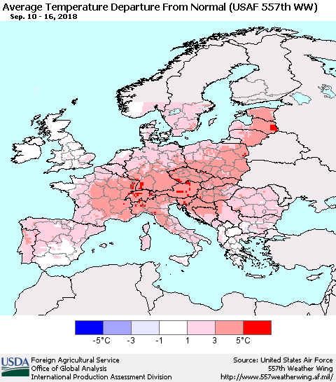 Europe Average Temperature Departure from Normal (USAF 557th WW) Thematic Map For 9/10/2018 - 9/16/2018