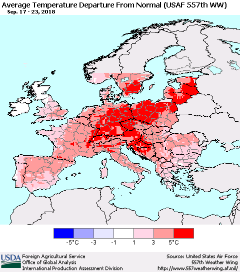 Europe Average Temperature Departure from Normal (USAF 557th WW) Thematic Map For 9/17/2018 - 9/23/2018