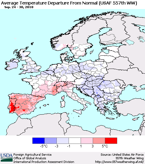 Europe Average Temperature Departure from Normal (USAF 557th WW) Thematic Map For 9/24/2018 - 9/30/2018