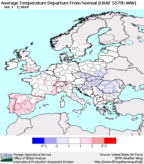Europe Average Temperature Departure from Normal (USAF 557th WW) Thematic Map For 10/1/2018 - 10/7/2018