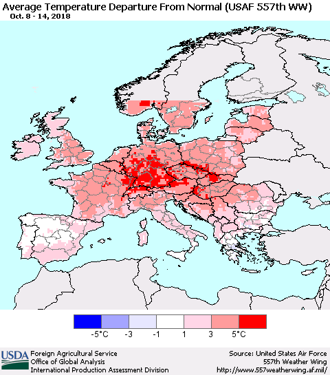Europe Average Temperature Departure from Normal (USAF 557th WW) Thematic Map For 10/8/2018 - 10/14/2018