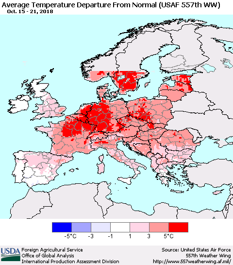 Europe Average Temperature Departure from Normal (USAF 557th WW) Thematic Map For 10/15/2018 - 10/21/2018