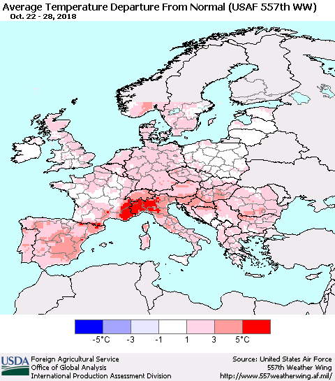 Europe Average Temperature Departure from Normal (USAF 557th WW) Thematic Map For 10/22/2018 - 10/28/2018