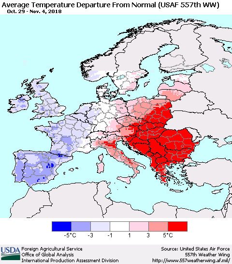 Europe Average Temperature Departure from Normal (USAF 557th WW) Thematic Map For 10/29/2018 - 11/4/2018