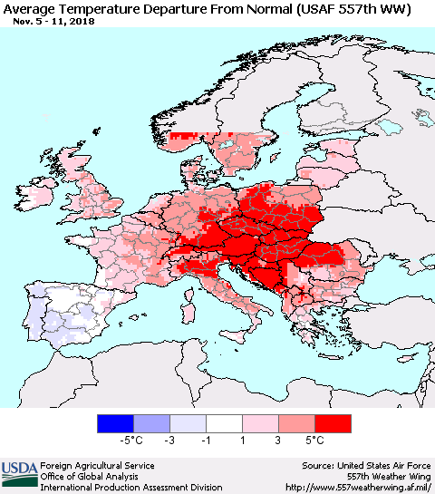 Europe Average Temperature Departure from Normal (USAF 557th WW) Thematic Map For 11/5/2018 - 11/11/2018