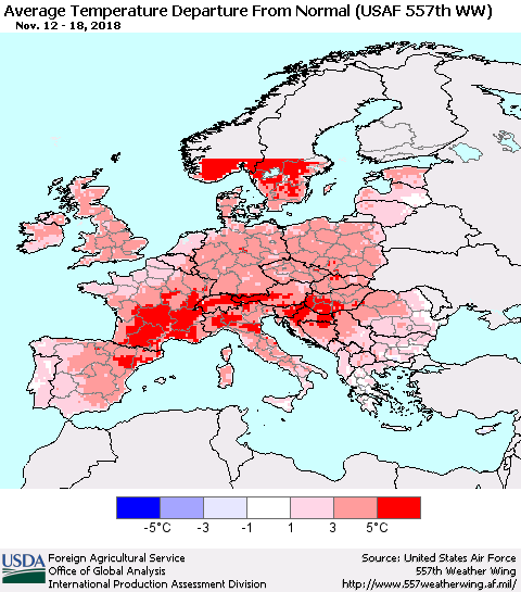 Europe Average Temperature Departure from Normal (USAF 557th WW) Thematic Map For 11/12/2018 - 11/18/2018