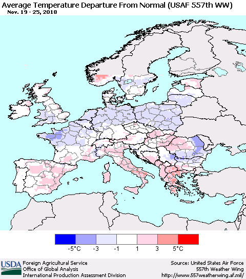 Europe Average Temperature Departure from Normal (USAF 557th WW) Thematic Map For 11/19/2018 - 11/25/2018