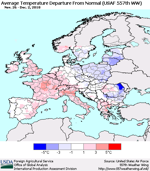 Europe Average Temperature Departure from Normal (USAF 557th WW) Thematic Map For 11/26/2018 - 12/2/2018