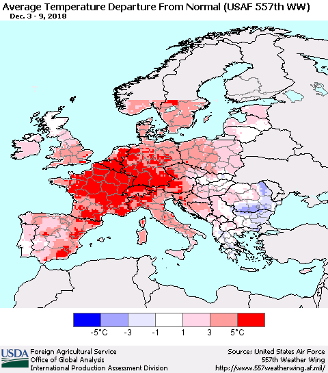 Europe Average Temperature Departure from Normal (USAF 557th WW) Thematic Map For 12/3/2018 - 12/9/2018
