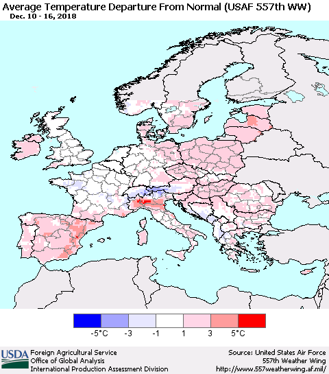 Europe Average Temperature Departure from Normal (USAF 557th WW) Thematic Map For 12/10/2018 - 12/16/2018