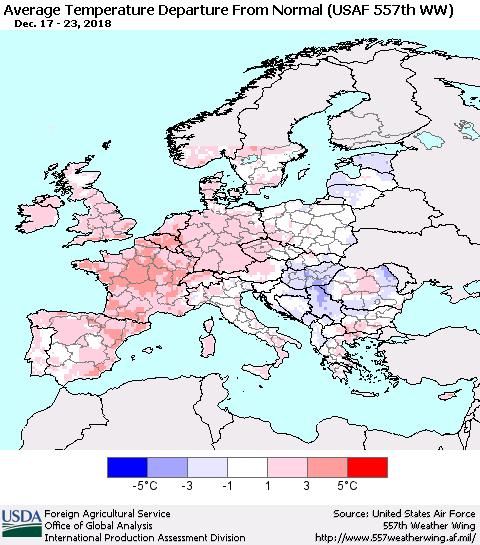 Europe Average Temperature Departure from Normal (USAF 557th WW) Thematic Map For 12/17/2018 - 12/23/2018