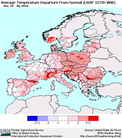 Europe Average Temperature Departure from Normal (USAF 557th WW) Thematic Map For 12/24/2018 - 12/30/2018