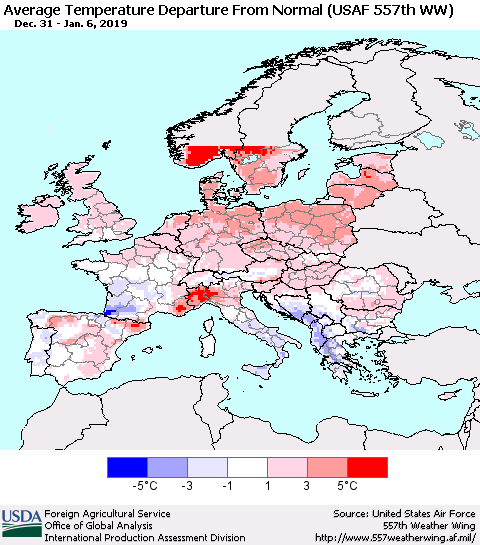 Europe Average Temperature Departure from Normal (USAF 557th WW) Thematic Map For 12/31/2018 - 1/6/2019