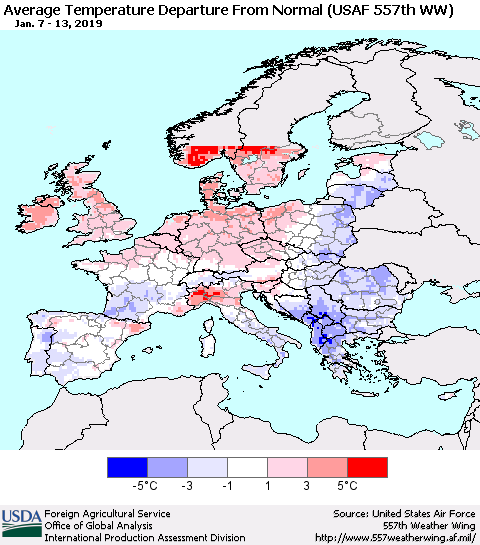 Europe Average Temperature Departure from Normal (USAF 557th WW) Thematic Map For 1/7/2019 - 1/13/2019