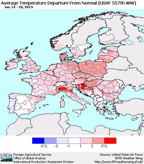 Europe Average Temperature Departure from Normal (USAF 557th WW) Thematic Map For 1/14/2019 - 1/20/2019