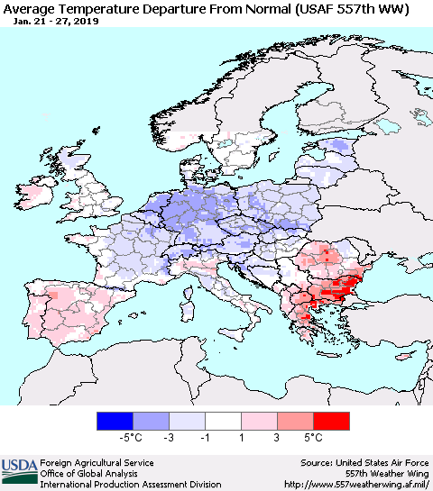 Europe Average Temperature Departure from Normal (USAF 557th WW) Thematic Map For 1/21/2019 - 1/27/2019