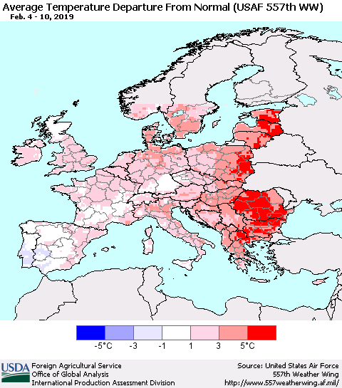 Europe Average Temperature Departure from Normal (USAF 557th WW) Thematic Map For 2/4/2019 - 2/10/2019