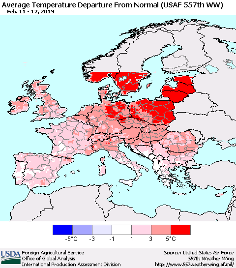 Europe Average Temperature Departure from Normal (USAF 557th WW) Thematic Map For 2/11/2019 - 2/17/2019