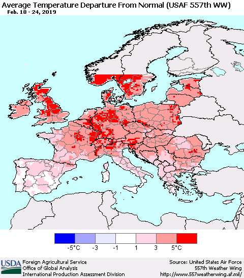 Europe Average Temperature Departure from Normal (USAF 557th WW) Thematic Map For 2/18/2019 - 2/24/2019