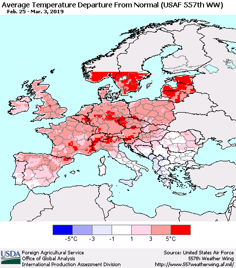 Europe Average Temperature Departure from Normal (USAF 557th WW) Thematic Map For 2/25/2019 - 3/3/2019