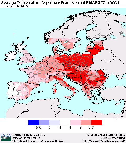 Europe Average Temperature Departure from Normal (USAF 557th WW) Thematic Map For 3/4/2019 - 3/10/2019
