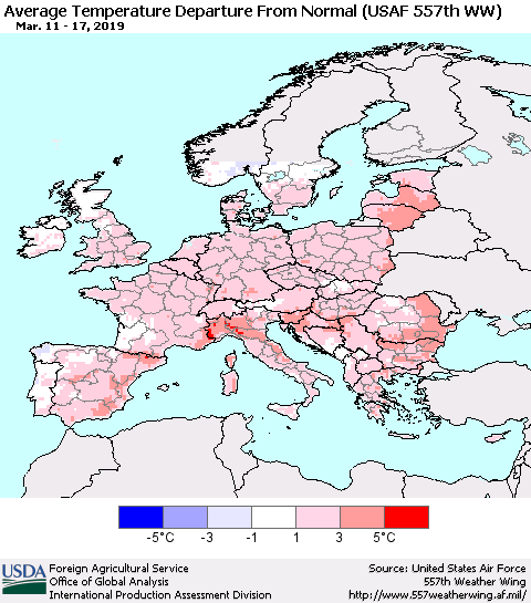 Europe Average Temperature Departure from Normal (USAF 557th WW) Thematic Map For 3/11/2019 - 3/17/2019