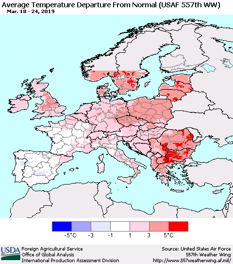 Europe Average Temperature Departure from Normal (USAF 557th WW) Thematic Map For 3/18/2019 - 3/24/2019