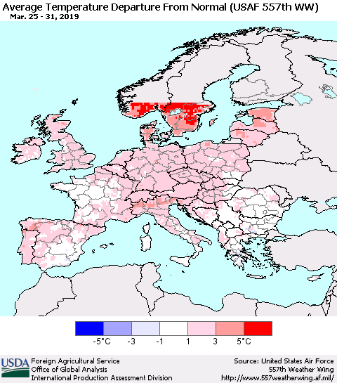 Europe Average Temperature Departure from Normal (USAF 557th WW) Thematic Map For 3/25/2019 - 3/31/2019