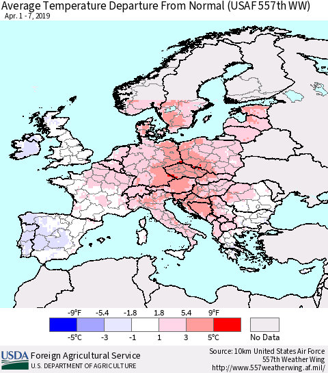 Europe Average Temperature Departure from Normal (USAF 557th WW) Thematic Map For 4/1/2019 - 4/7/2019