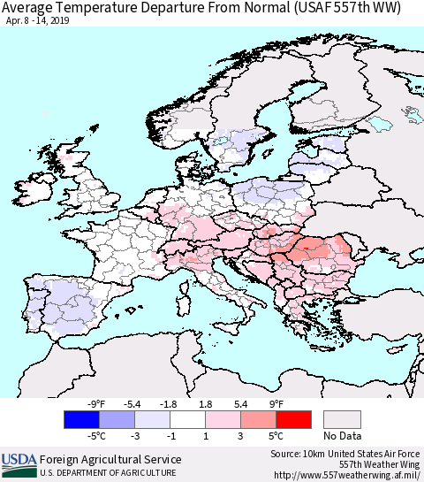 Europe Average Temperature Departure from Normal (USAF 557th WW) Thematic Map For 4/8/2019 - 4/14/2019