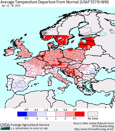 Europe Average Temperature Departure from Normal (USAF 557th WW) Thematic Map For 4/22/2019 - 4/28/2019