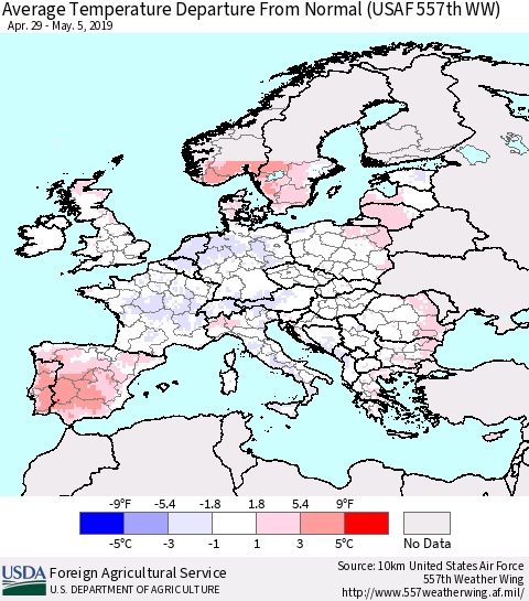 Europe Average Temperature Departure from Normal (USAF 557th WW) Thematic Map For 4/29/2019 - 5/5/2019