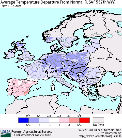 Europe Average Temperature Departure from Normal (USAF 557th WW) Thematic Map For 5/6/2019 - 5/12/2019