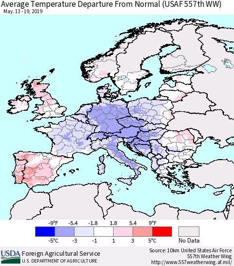 Europe Average Temperature Departure from Normal (USAF 557th WW) Thematic Map For 5/13/2019 - 5/19/2019
