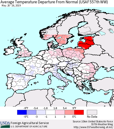 Europe Average Temperature Departure from Normal (USAF 557th WW) Thematic Map For 5/20/2019 - 5/26/2019