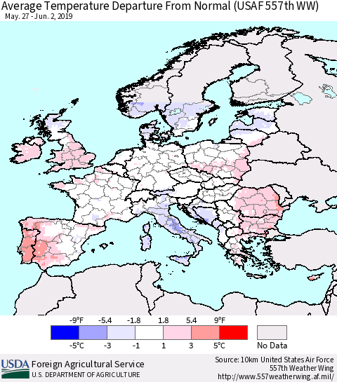 Europe Average Temperature Departure from Normal (USAF 557th WW) Thematic Map For 5/27/2019 - 6/2/2019