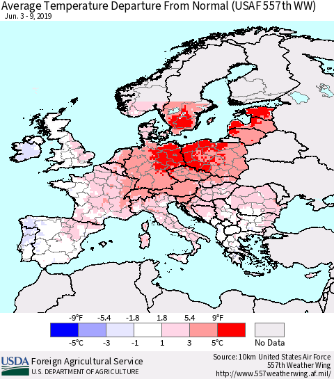 Europe Average Temperature Departure from Normal (USAF 557th WW) Thematic Map For 6/3/2019 - 6/9/2019