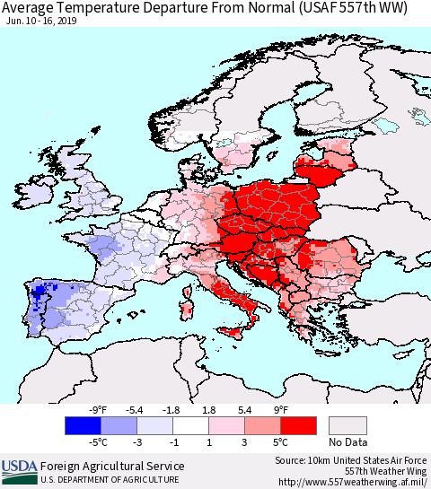 Europe Average Temperature Departure from Normal (USAF 557th WW) Thematic Map For 6/10/2019 - 6/16/2019