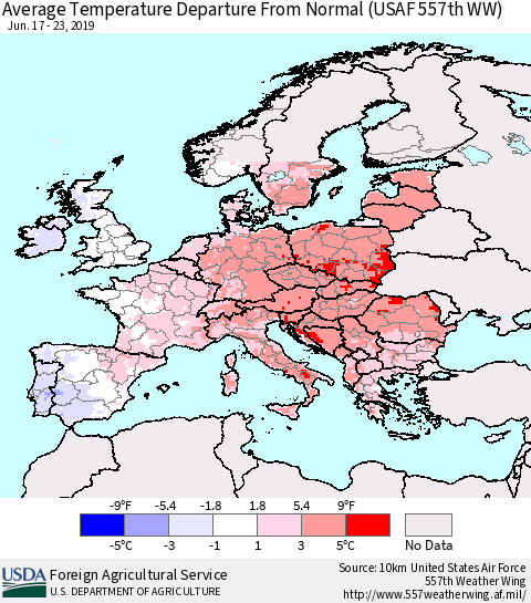Europe Average Temperature Departure from Normal (USAF 557th WW) Thematic Map For 6/17/2019 - 6/23/2019