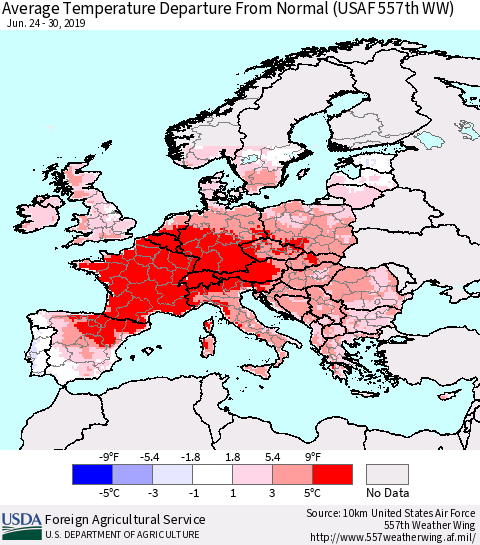 Europe Average Temperature Departure from Normal (USAF 557th WW) Thematic Map For 6/24/2019 - 6/30/2019