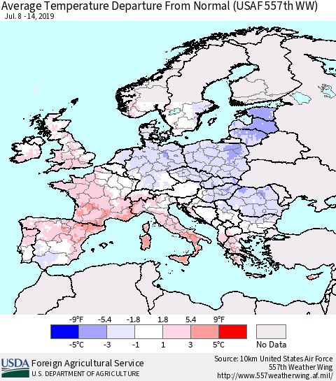 Europe Average Temperature Departure from Normal (USAF 557th WW) Thematic Map For 7/8/2019 - 7/14/2019