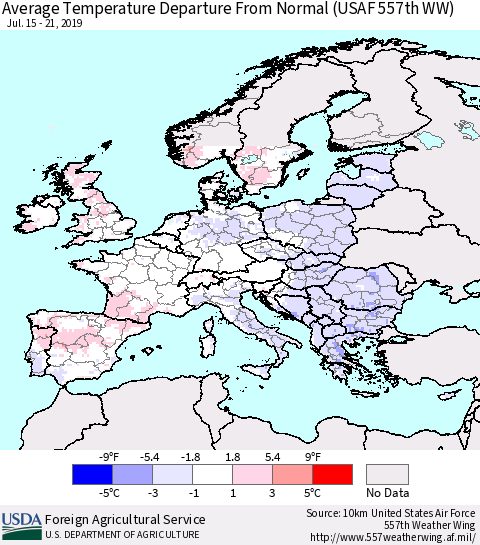 Europe Average Temperature Departure from Normal (USAF 557th WW) Thematic Map For 7/15/2019 - 7/21/2019