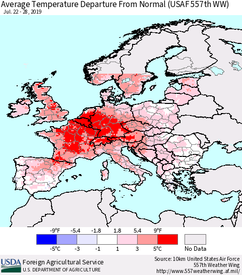 Europe Average Temperature Departure from Normal (USAF 557th WW) Thematic Map For 7/22/2019 - 7/28/2019